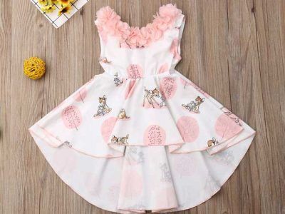 Baby Girl Clothes Sleeveless Flower Ruffle Fawn Print Dress
