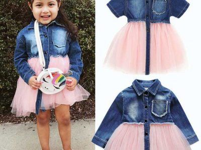 Kids Baby Girl Cute Dress Denim Pink Tulle Dress Outfit 0-4Y