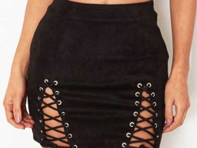 90s Vintage Black Lace-Up Bodycon Skirts