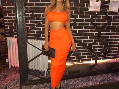 Neon ribbed knitted women two piece matching colour